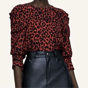 Zara Leopard Print Puffy Sleeve Red & Black Blouse XS
